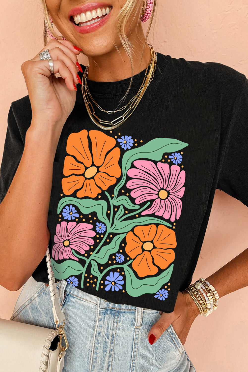 Black Colorful Flower Graphic Crewneck Summer Tee Graphic Tees JT's Designer Fashion