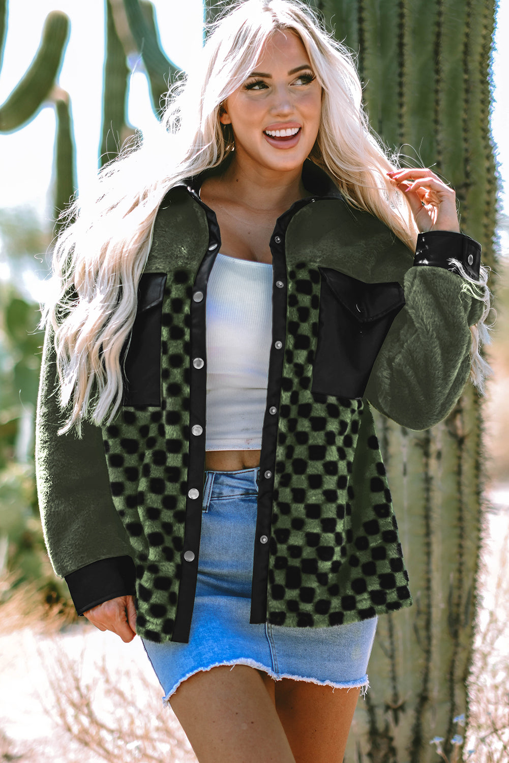 Vineyard Green Fleece Checkerboard Flap Pocket Snap Button Jacket Vineyard Green 100%Polyester Jackets JT's Designer Fashion