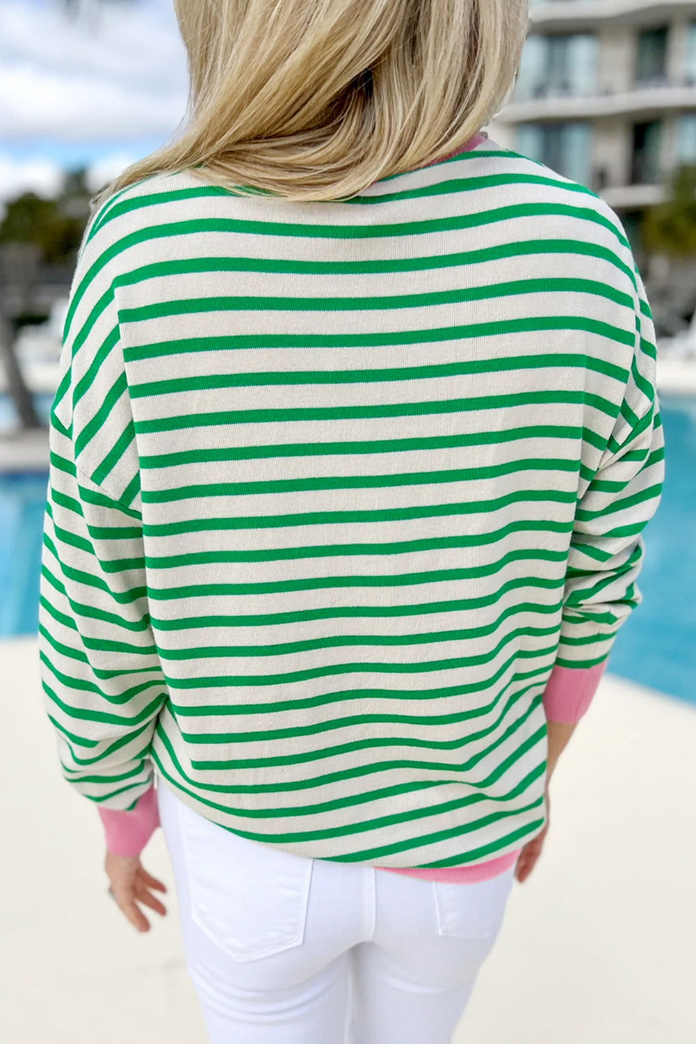 Bright Green Striped Contrast Edge Long Sleeve Top Long Sleeve Tops JT's Designer Fashion