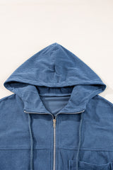 Real Teal Corduroy Drawstring Hooded Pocket Zip Up Jacket Jackets JT's Designer Fashion
