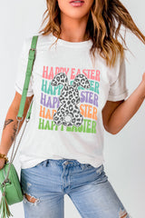 White Happy Easter Rabbit Print Crew Neck T Shirt Graphic Tees JT's Designer Fashion