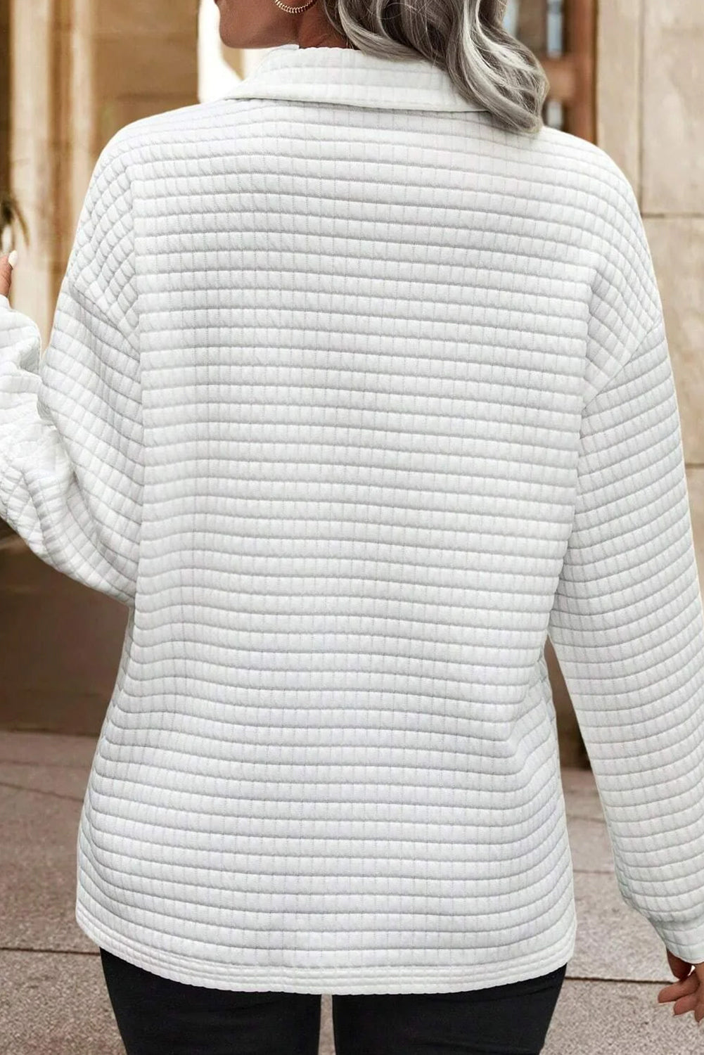 White Quilted Texture Sporty Collared Long Sleeve Top Long Sleeve Tops JT's Designer Fashion