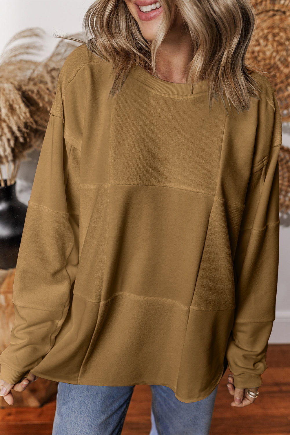 Light French Beige Solid Color Patchwork Drop Shoulder Baggy Sweatshirt Sweatshirts & Hoodies JT's Designer Fashion