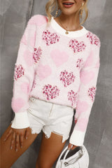 Pink Heart Leopard Print Pearled Ribbed Trim Fuzzy Sweater Sweaters JT's Designer Fashion