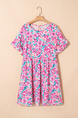 White Plus Size Floral Print Frilled Short Sleeve Flare Dress Plus Size Mini Dresses JT's Designer Fashion