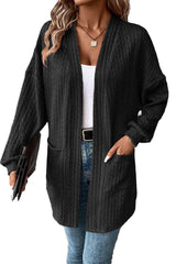 Black Textured Knit Side Pockets Open Front Cardigan Cardigans JT's Designer Fashion