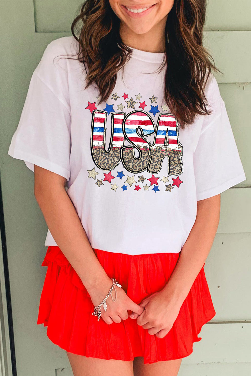 White Patriotic Star Leopard USA Letter Graphic T Shirt Graphic Tees JT's Designer Fashion