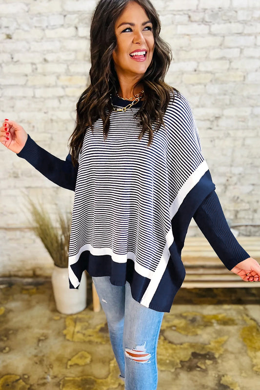 Blue Stripe Color Block Patchwork Dolman Oversize Tunic Sweater Sweaters JT's Designer Fashion