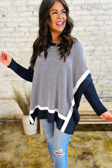 Blue Stripe Color Block Patchwork Dolman Oversize Tunic Sweater Sweaters JT's Designer Fashion