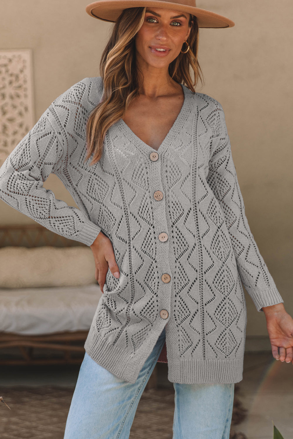 Gray Hollow-out Openwork Knit Cardigan Cardigans JT's Designer Fashion