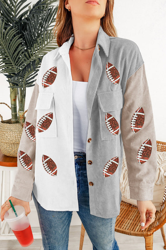 White Sequin Rugby Graphic Flap Pockets Corduroy Shacket White 95%Polyester+5%Spandex Jackets JT's Designer Fashion