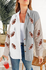 White Sequin Rugby Graphic Flap Pockets Corduroy Shacket White 95%Polyester+5%Spandex Jackets JT's Designer Fashion