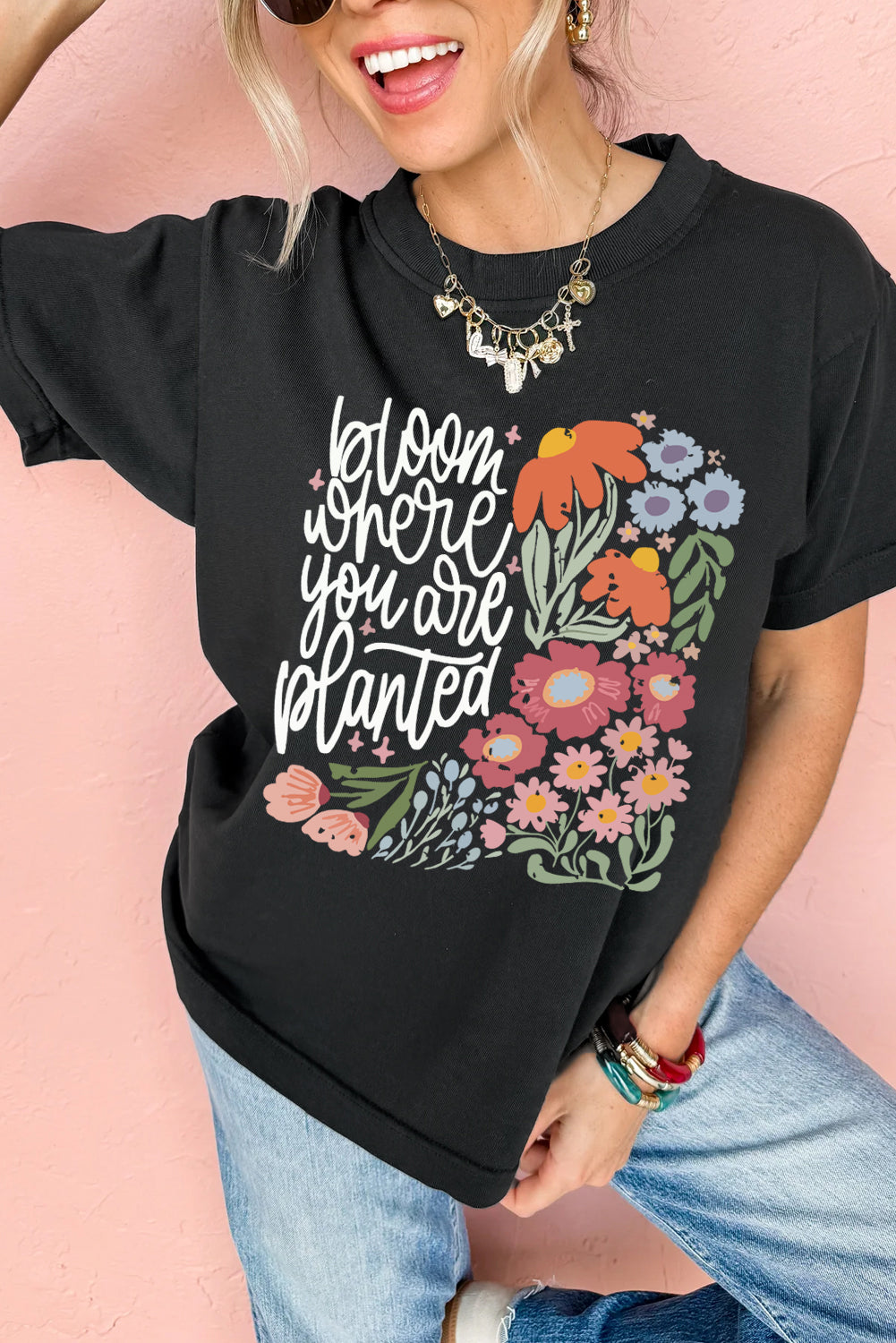 Black bloom where you are planted Floral Printed T Shirt Graphic Tees JT's Designer Fashion