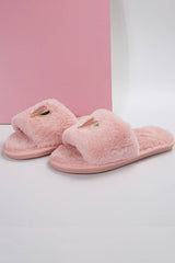 Pink Heart Shape Buckle Decor Open Toe Plush Slippers Slippers JT's Designer Fashion