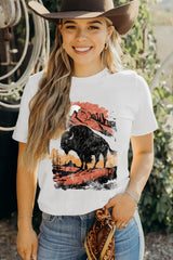 White Western Buffalo On Plains Graphic Crew Neck Tee Graphic Tees JT's Designer Fashion