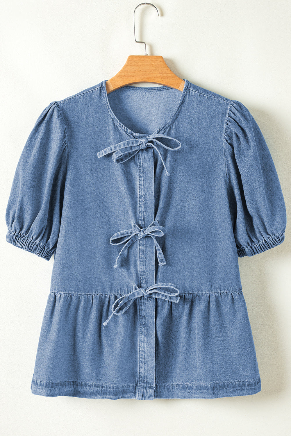 Dusk Blue Tied Front Bubble Sleeve Peplum Denim Shirt Blouses & Shirts JT's Designer Fashion
