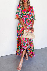 Rose Summer Plant Print Surpliced V Neck Ruffled Asymmetric Slit Wide Short Sleeve Maxi Dress Dresses JT's Designer Fashion