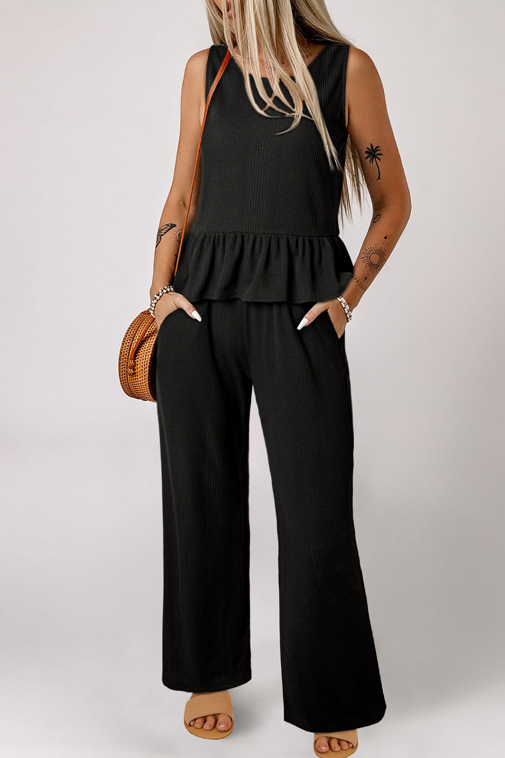 Black Solid Color Ribbed Ruffle Tank Top and Pants Set Pant Sets JT's Designer Fashion