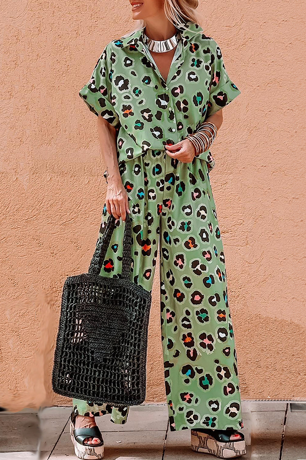Green Leopard Print Short Sleeve Shirt and Wide Leg Pants Set Pant Sets JT's Designer Fashion