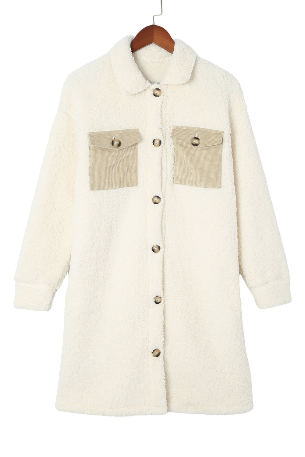 Beige Contrast Flap Pocket Single Breasted Teddy Coat Coats JT's Designer Fashion