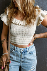 Beige Ruffled Short Sleeve U Neck Textured Sheath Crop Top Sweaters & Cardigans JT's Designer Fashion
