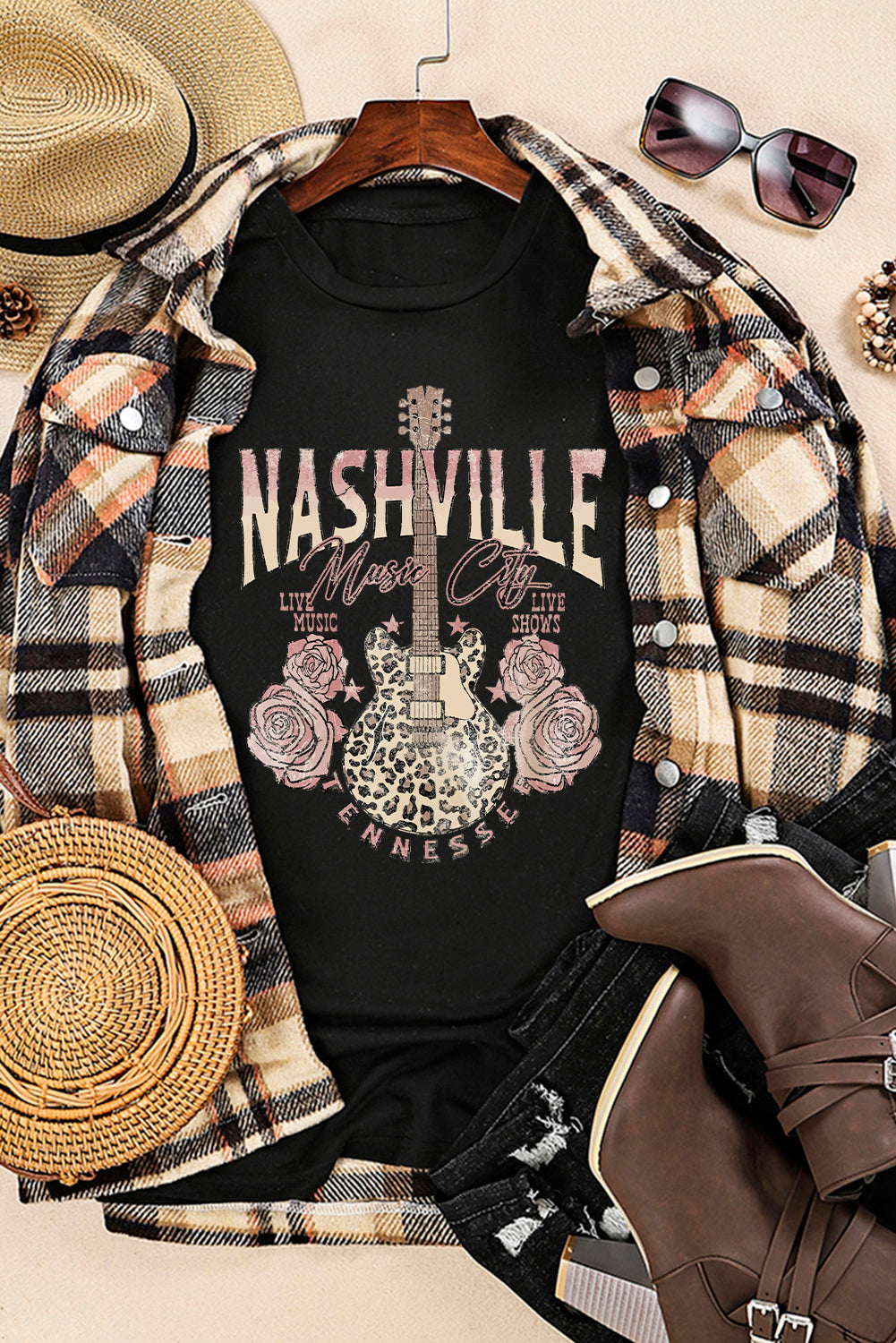 Black Nashville Music City Leopard Guitar Graphic T Shirt Graphic Tees JT's Designer Fashion