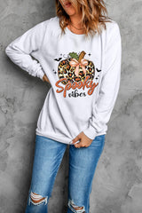 Beige Spooky Leopard Pumpkin Print Crew Neck Sweatshirt Graphic Sweatshirts JT's Designer Fashion
