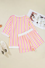 Pink Stripe Drop Shoulder Half Sleeve Loose Tee and Shorts Casual Set Short Sets JT's Designer Fashion