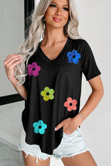 Black Sequined Flower Pocketed V Neck T Shirt Graphic Tees JT's Designer Fashion