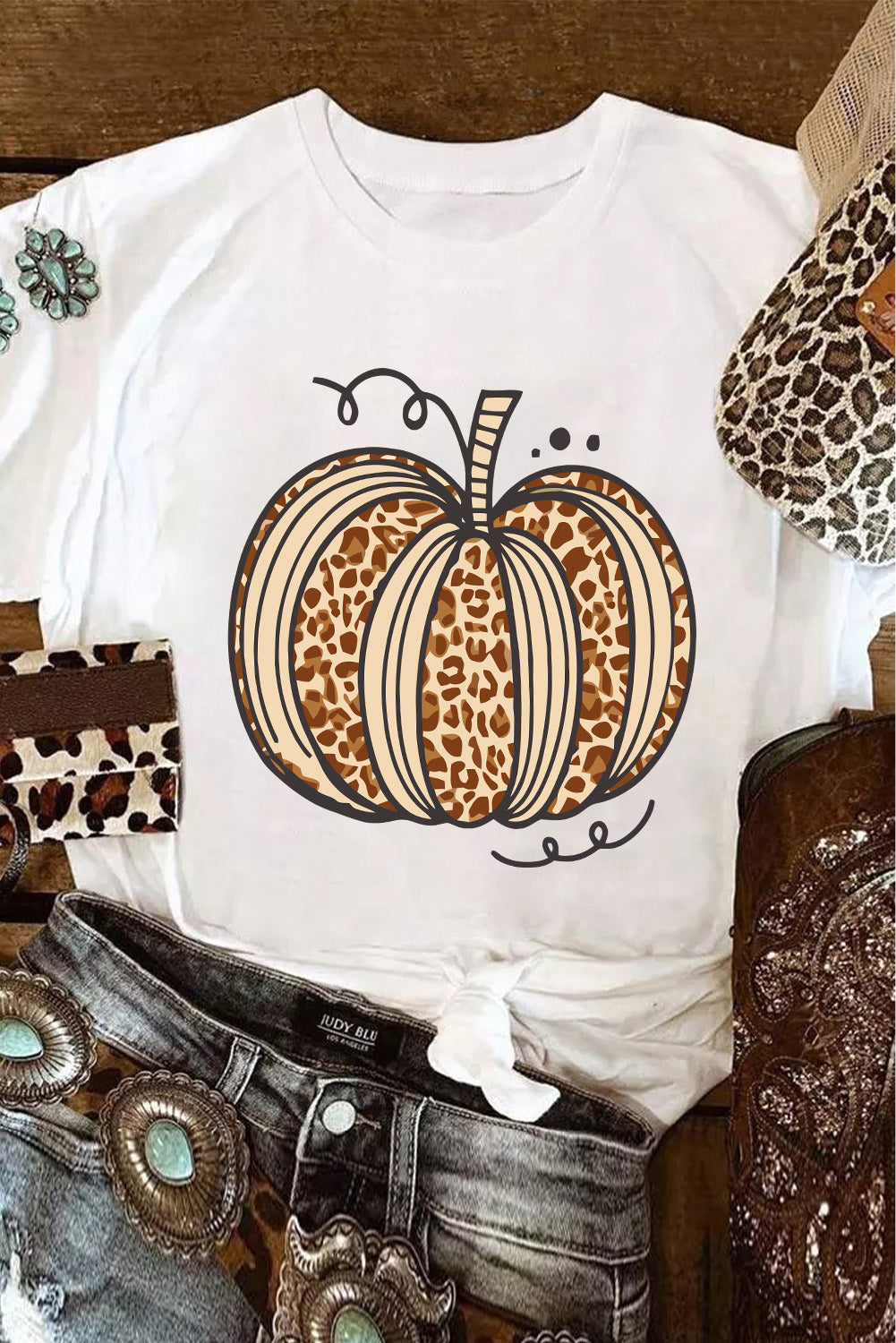 White Leopard Pumpkin Graphic Crewneck Halloween T Shirt Graphic Tees JT's Designer Fashion