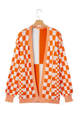 Orange Checkered Open Front Drop Shoulder Cardigan Cardigans JT's Designer Fashion