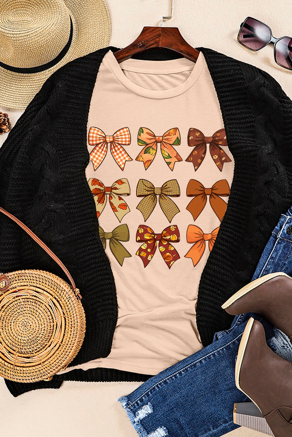 Khaki Halloween Fall Bowknot Graphic Short Sleeve Top Graphic Tees JT's Designer Fashion