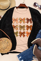 Khaki Halloween Fall Bowknot Graphic Short Sleeve Top Graphic Tees JT's Designer Fashion