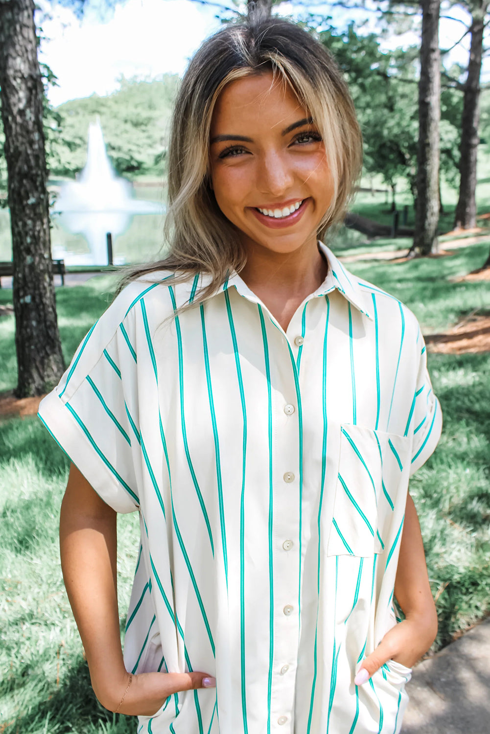 Mint Green St Patricks Striped Wide Short Sleeve Shift Mini Shirt Dress Mini Dresses JT's Designer Fashion