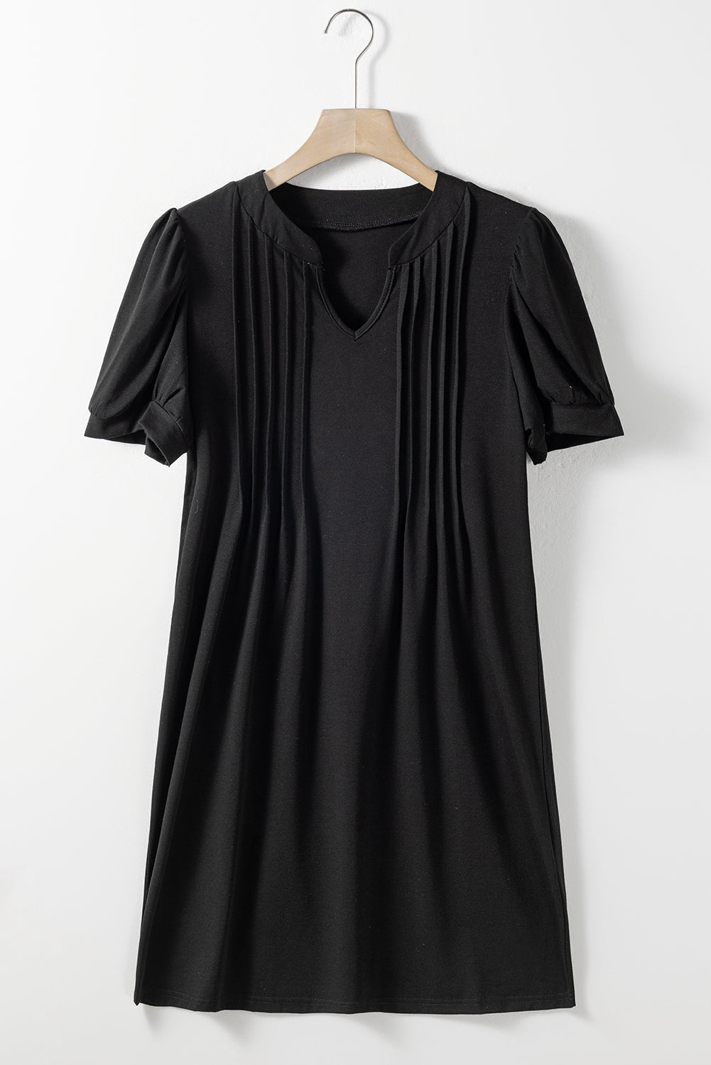 Black Notched Neck Pleated Puff Sleeve Shift T-shirt Dress T Shirt Dresses JT's Designer Fashion