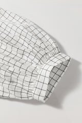 White Stripe Checkered Frilled V Neck Bracelet Sleeve Babydoll Dress Mini Dresses JT's Designer Fashion