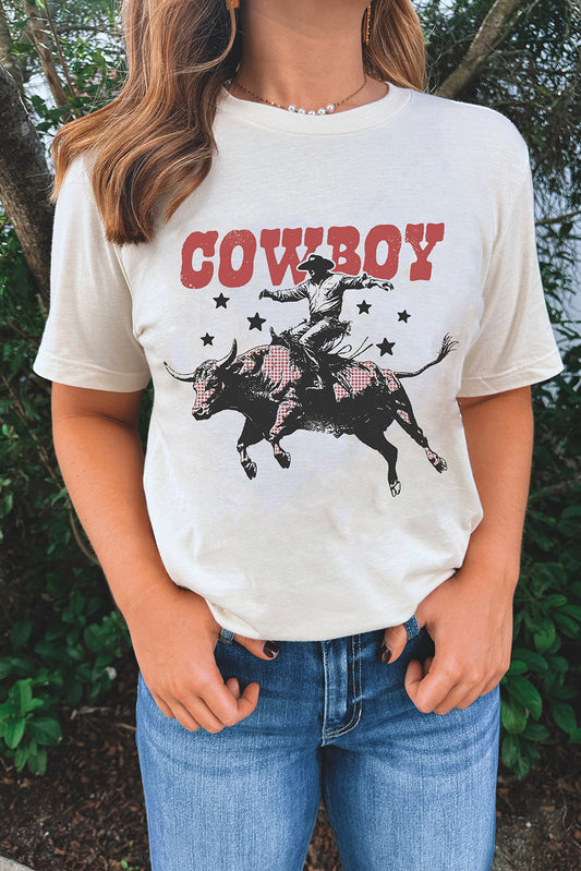 White COWBOY Star Graphic Crewneck Western Fashion Tee Graphic Tees JT's Designer Fashion