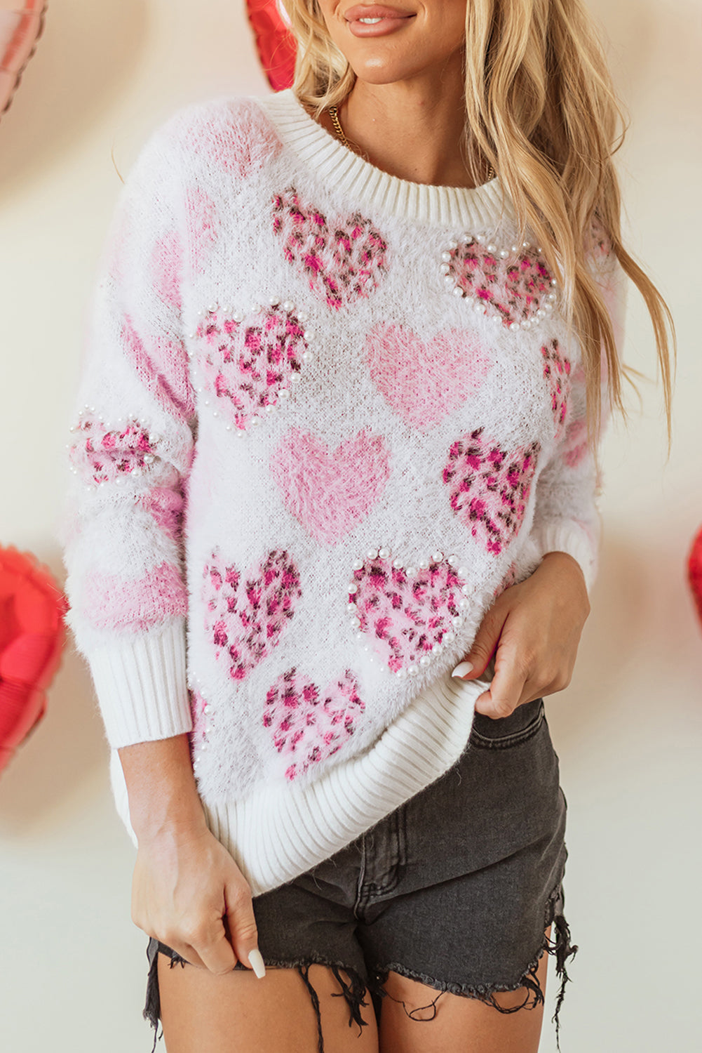 Pink Heart Leopard Print Pearled Ribbed Trim Fuzzy Sweater Sweaters JT's Designer Fashion
