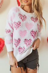Pink Heart Leopard Print Pearled Ribbed Trim Fuzzy Sweater Sweaters JT's Designer Fashion
