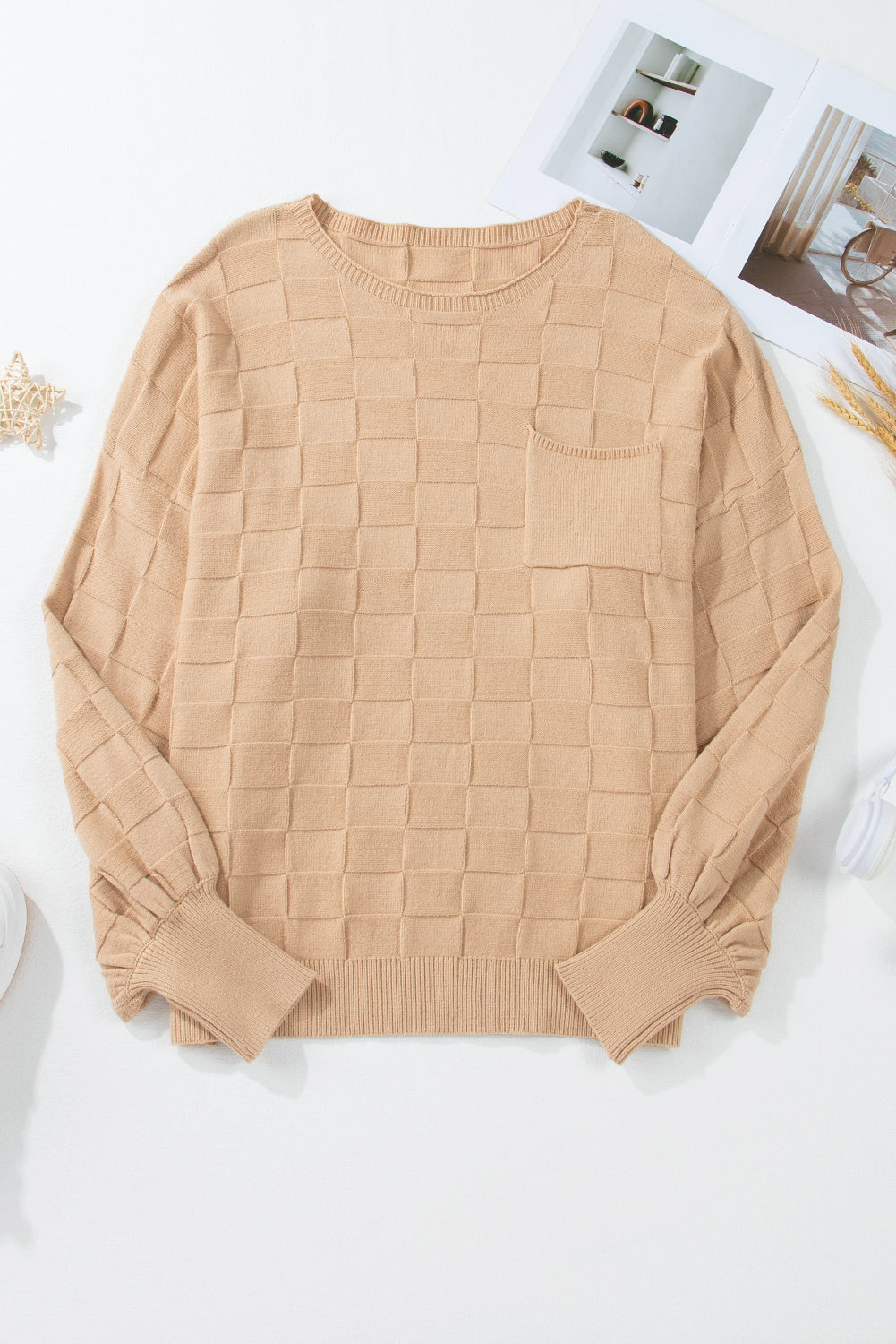 Light French Beige Solid Checkered Textured Knit Plus Size Sweater Plus Size Sweaters & Cardigans JT's Designer Fashion