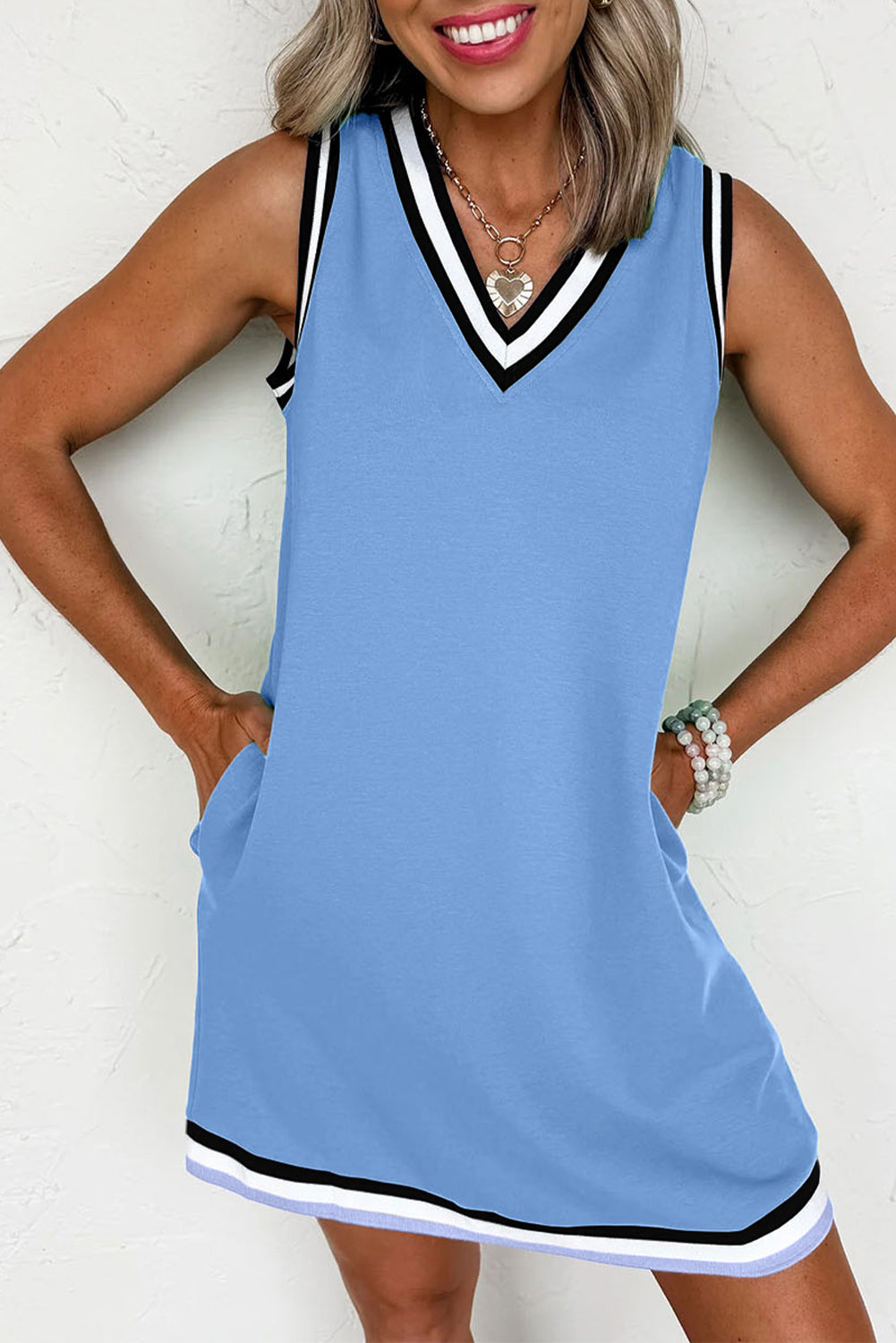 Myosotis Color Contrast Trim V Neck Shift Sleeveless Mini Dress Dresses JT's Designer Fashion