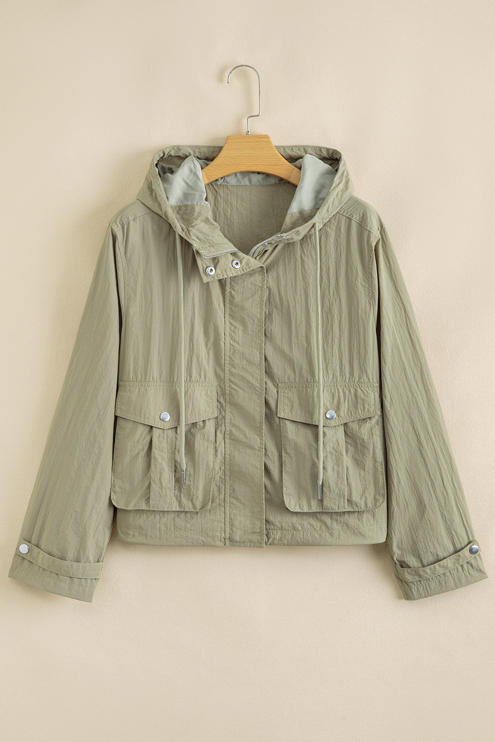 Laurel Green Zipped Pocket Cropped Hooded Utility Jacket Jackets JT's Designer Fashion