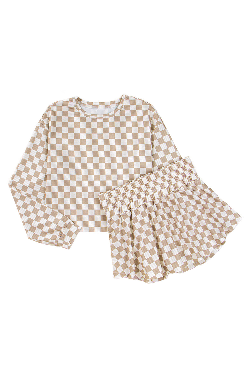 Khaki Checkered Long Sleeve Crop Top High Waist Skort 2pcs Set Short Sets JT's Designer Fashion
