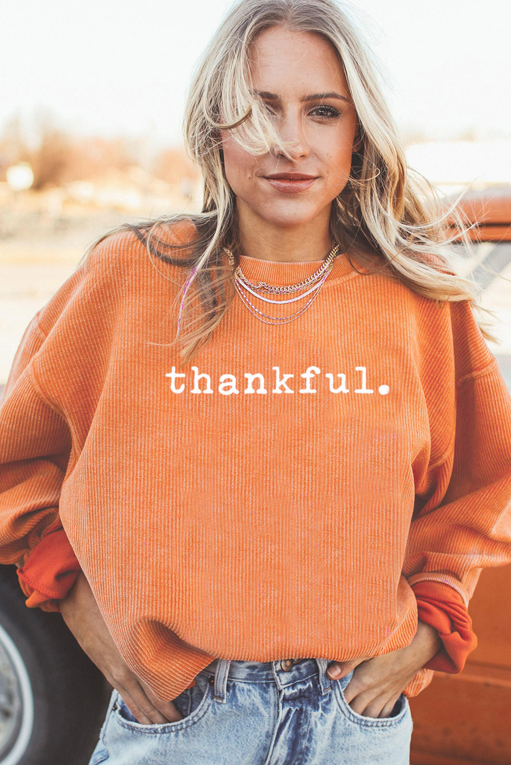 Orange Thankful Ribbed Crew Neck Thanksgiving Sweatshirt Graphic Sweatshirts JT's Designer Fashion
