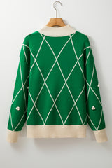 Dark Green Diamond Pattern Pom Accents Contrast Trim High Neck Sweater Sweaters JT's Designer Fashion