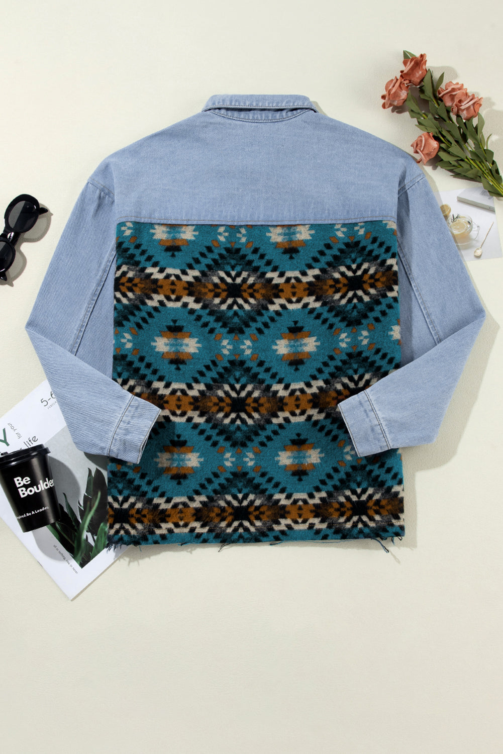 Blue Aztec Printed Denim Jacket Denim Jackets JT's Designer Fashion