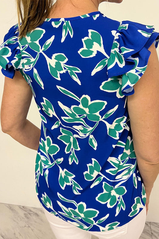 Blue V Neck Floral Print Double Ruffled Short Sleeve Blouse Blouses & Shirts JT's Designer Fashion