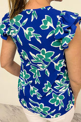 Blue V Neck Floral Print Double Ruffled Short Sleeve Blouse Blouses & Shirts JT's Designer Fashion