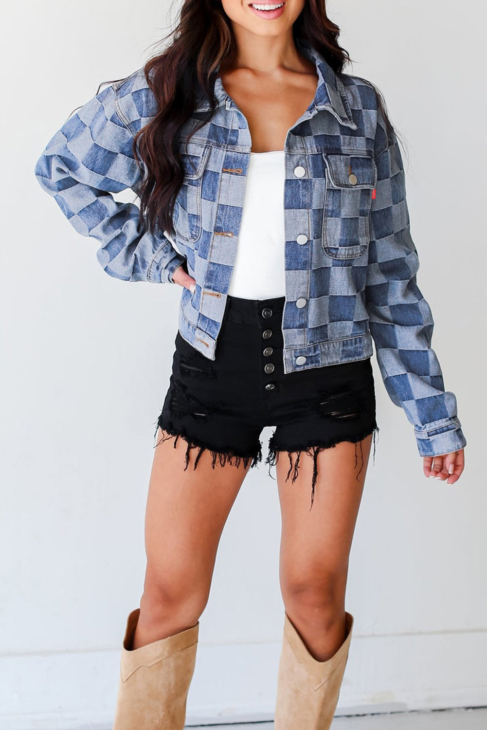 Light Blue Checkered Patchwork Button up Denim Jacket Denim Jackets JT's Designer Fashion