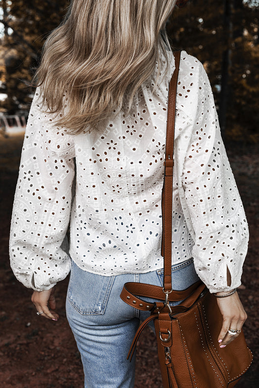 White Eyelet Embroidered Puff Sleeve V Neck Blouse Blouses & Shirts JT's Designer Fashion